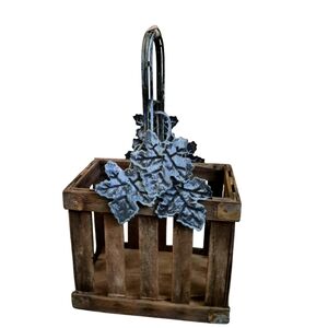 Rustic Wooden Crate with Decorative Blue Metal Leaves